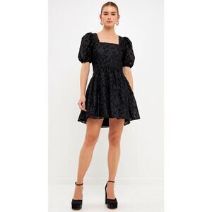 NWOT Endless Rose Texture Floral Organza Black Puff Sleeve Mini Dress Large